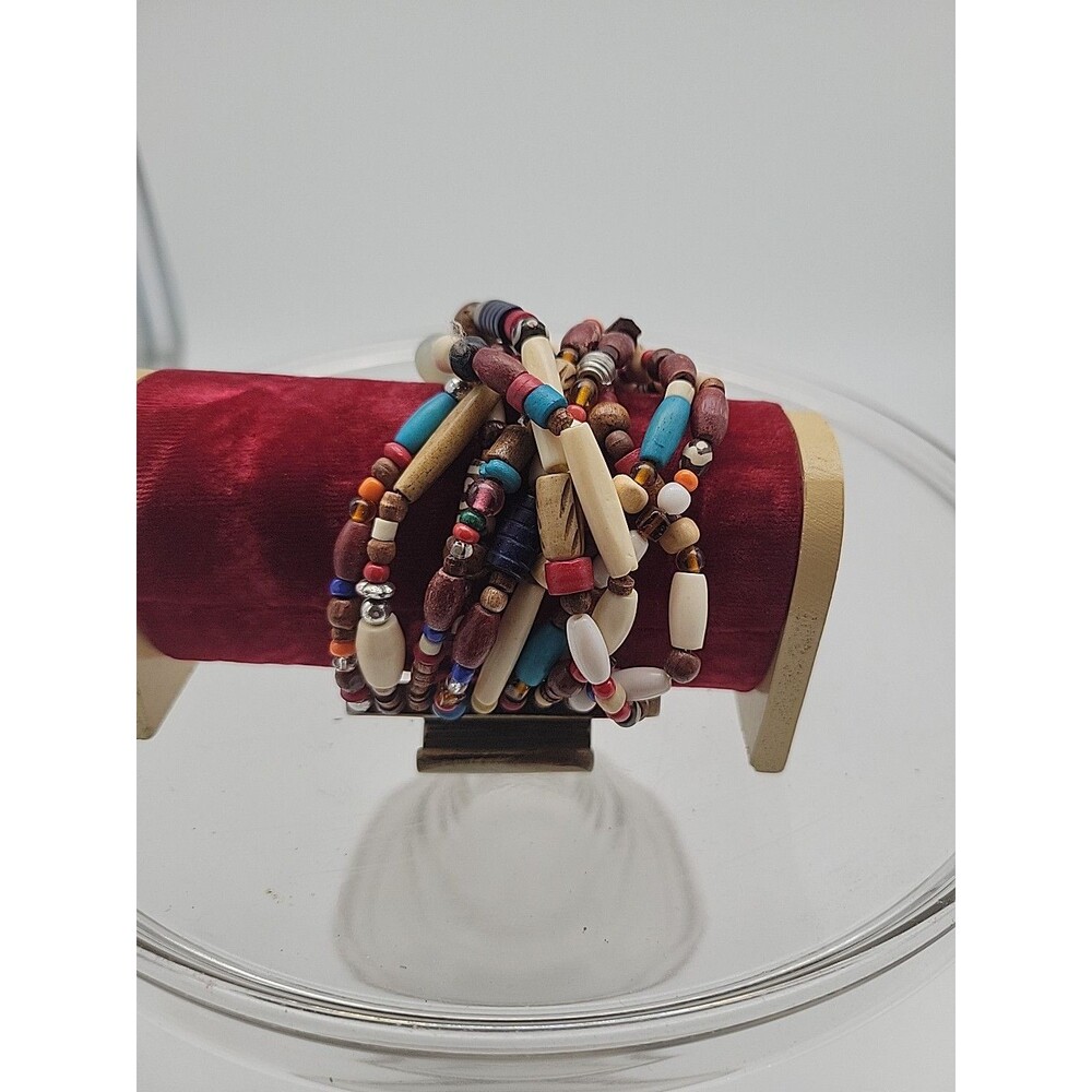 Bajalia Multi-strand Wooden Bracelet New NWT Small Beaded Boho Cream Aqua Red